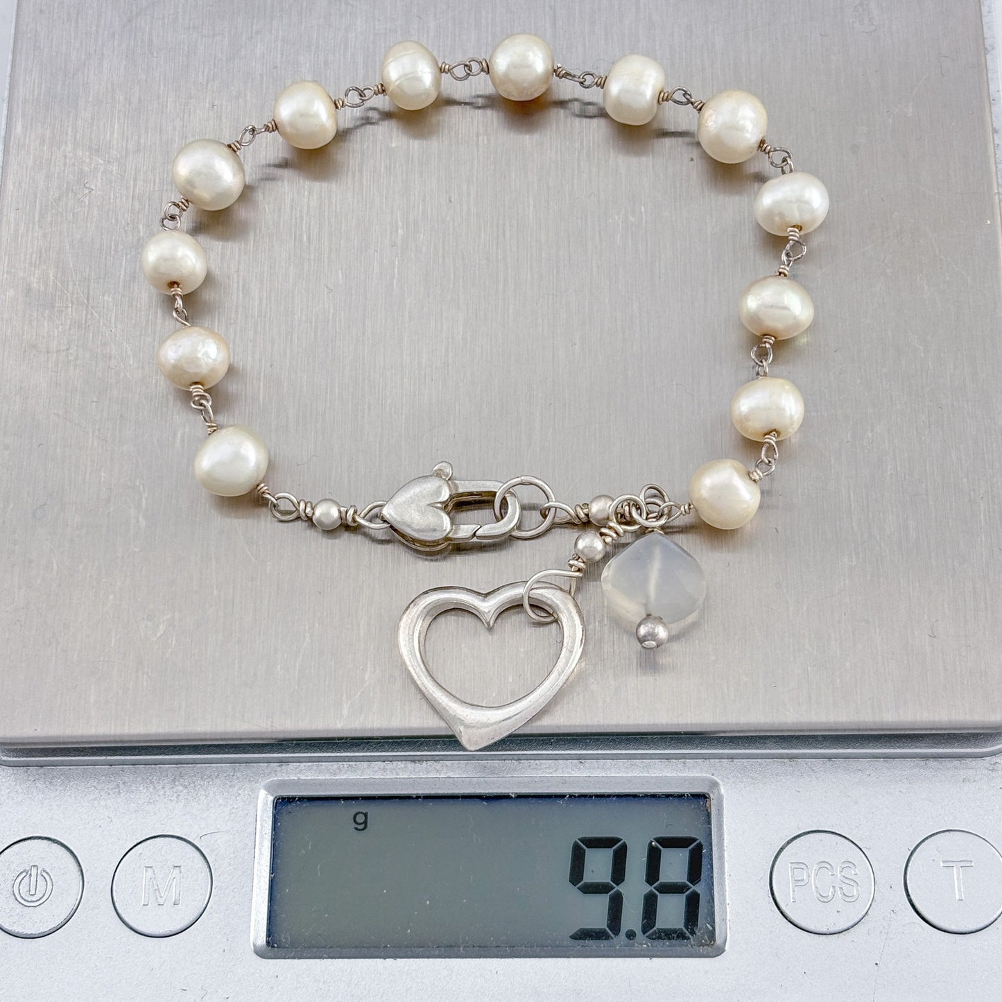 Vintage Sterling Silver 925 Pearl Heart Bracelet 7"