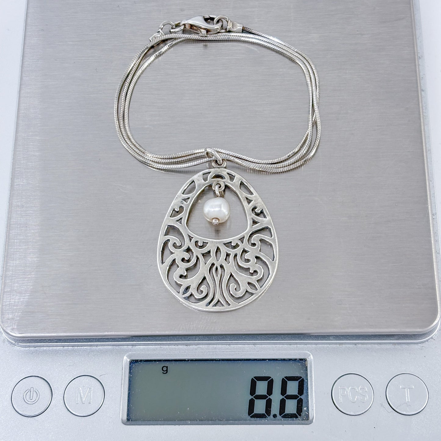Vintage Sterling Silver 925 Ornate Filigree Pearl Pendant 17"