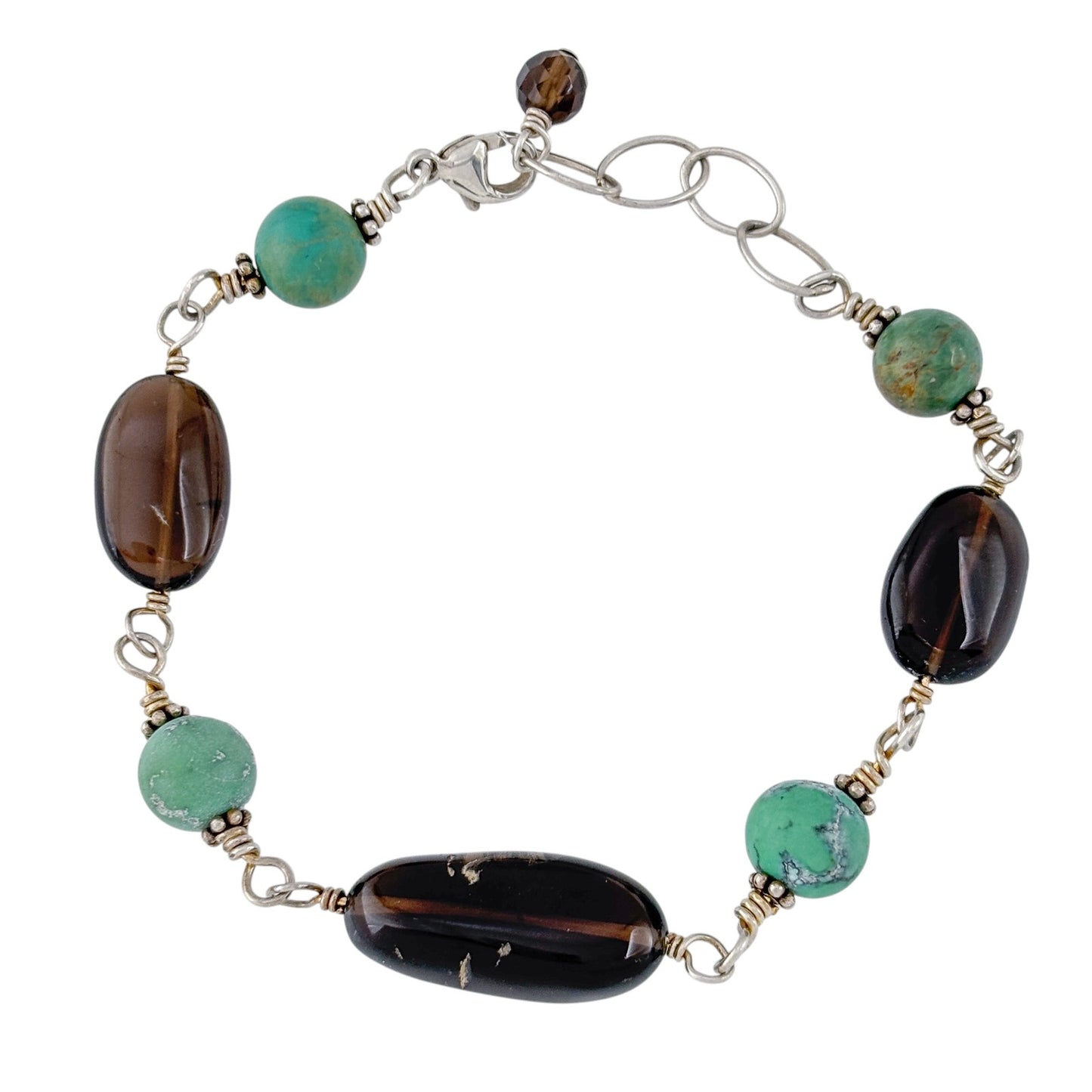 Vintage Sterling Silver 925 Turquoise Smoky Quartz Bracelet 7.5"-8.5"