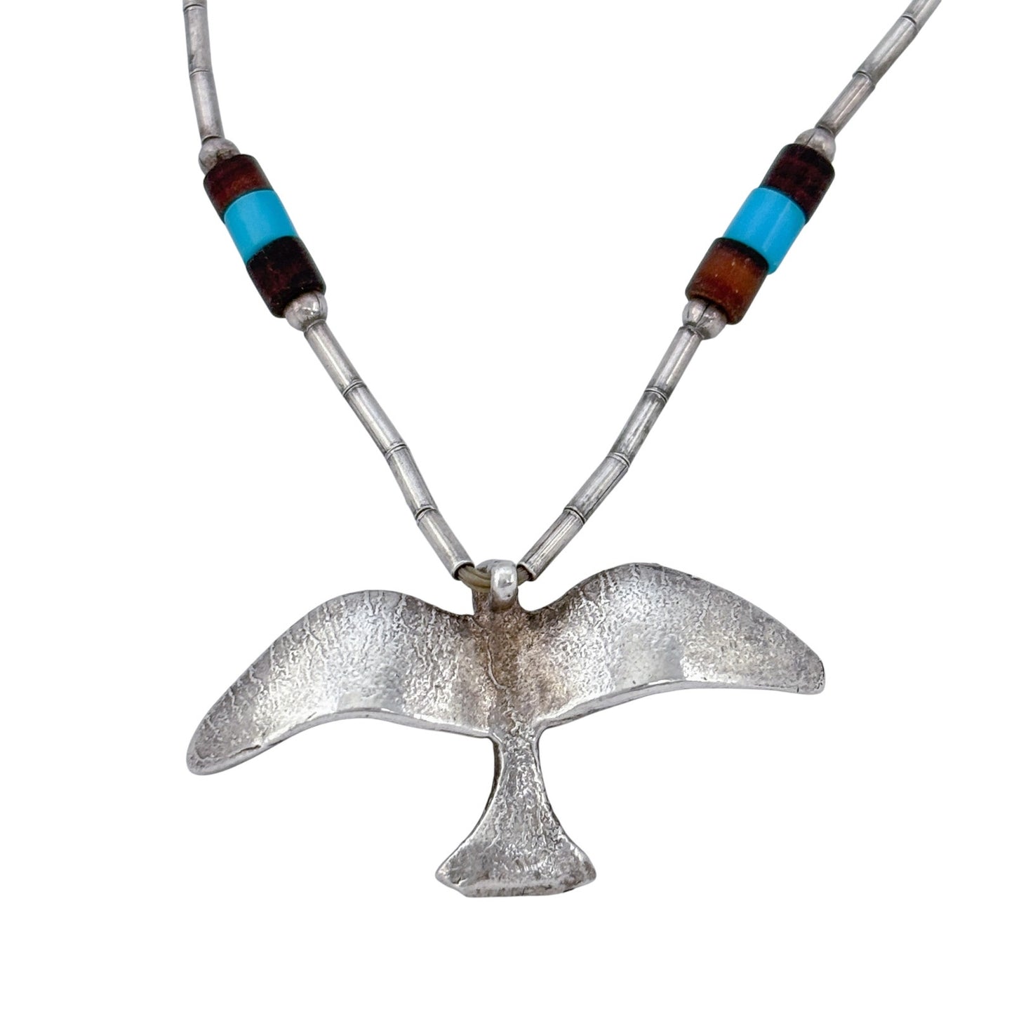 Vintage Sterling Liquid Silver 925 Turquoise Wood Bird Heishi Necklace 16.5"