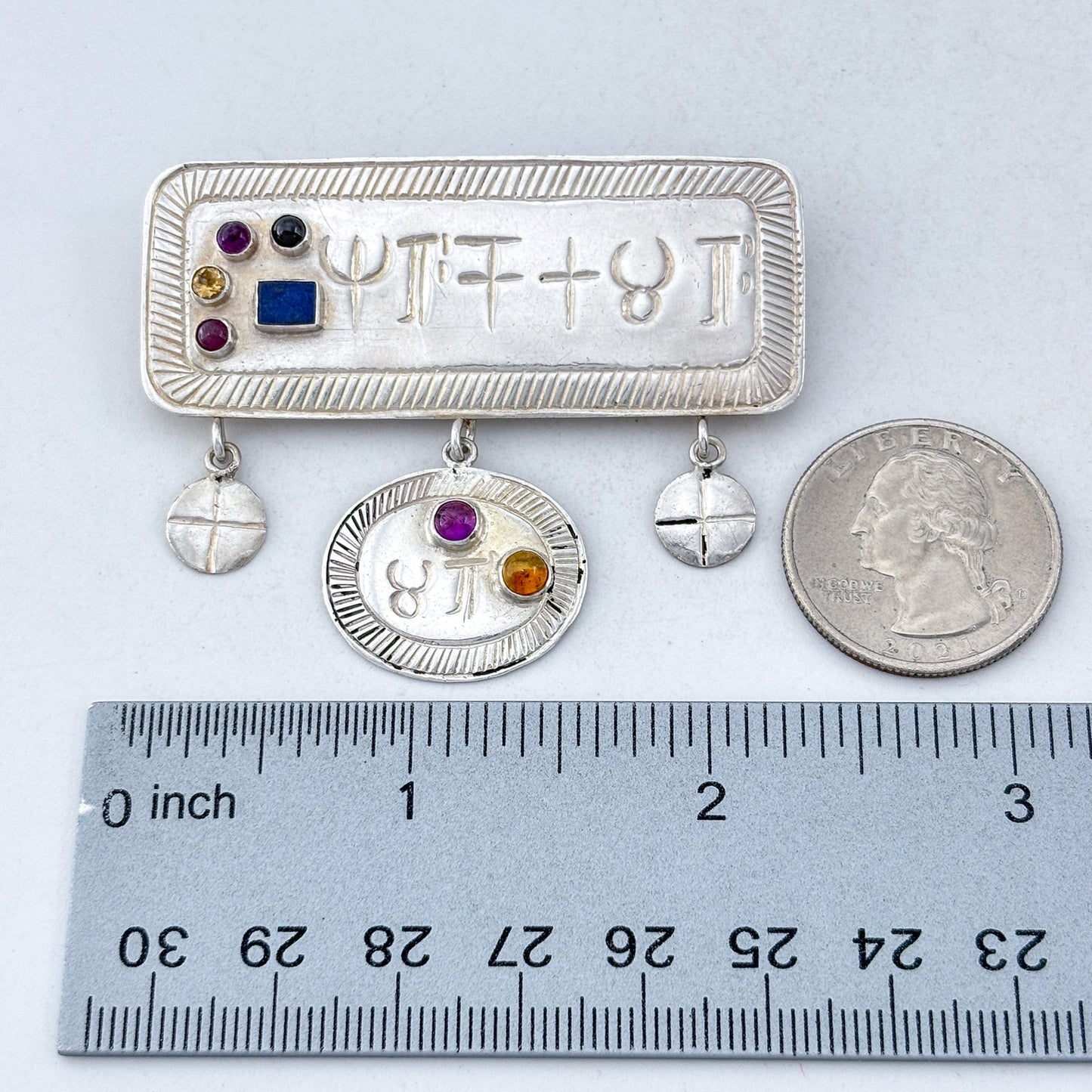 Vintage Sterling Silver 925 Gemstone Symbol Pendant Brooch