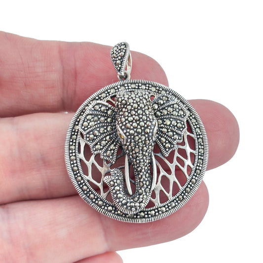 Vintage Sterling Silver 925 Marcasite Elephant Medallion Pendant