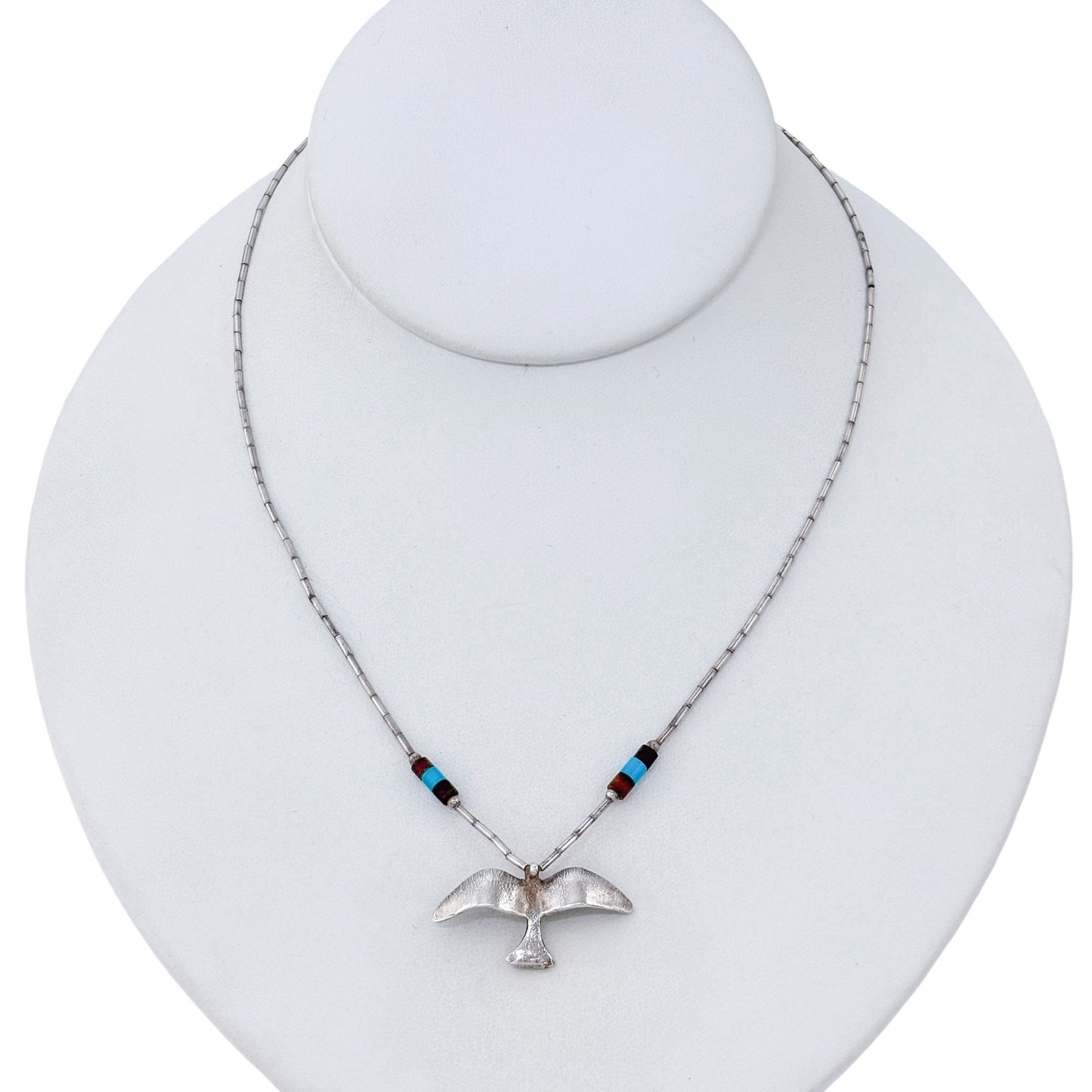 Vintage Sterling Liquid Silver 925 Turquoise Wood Bird Heishi Necklace 16.5"