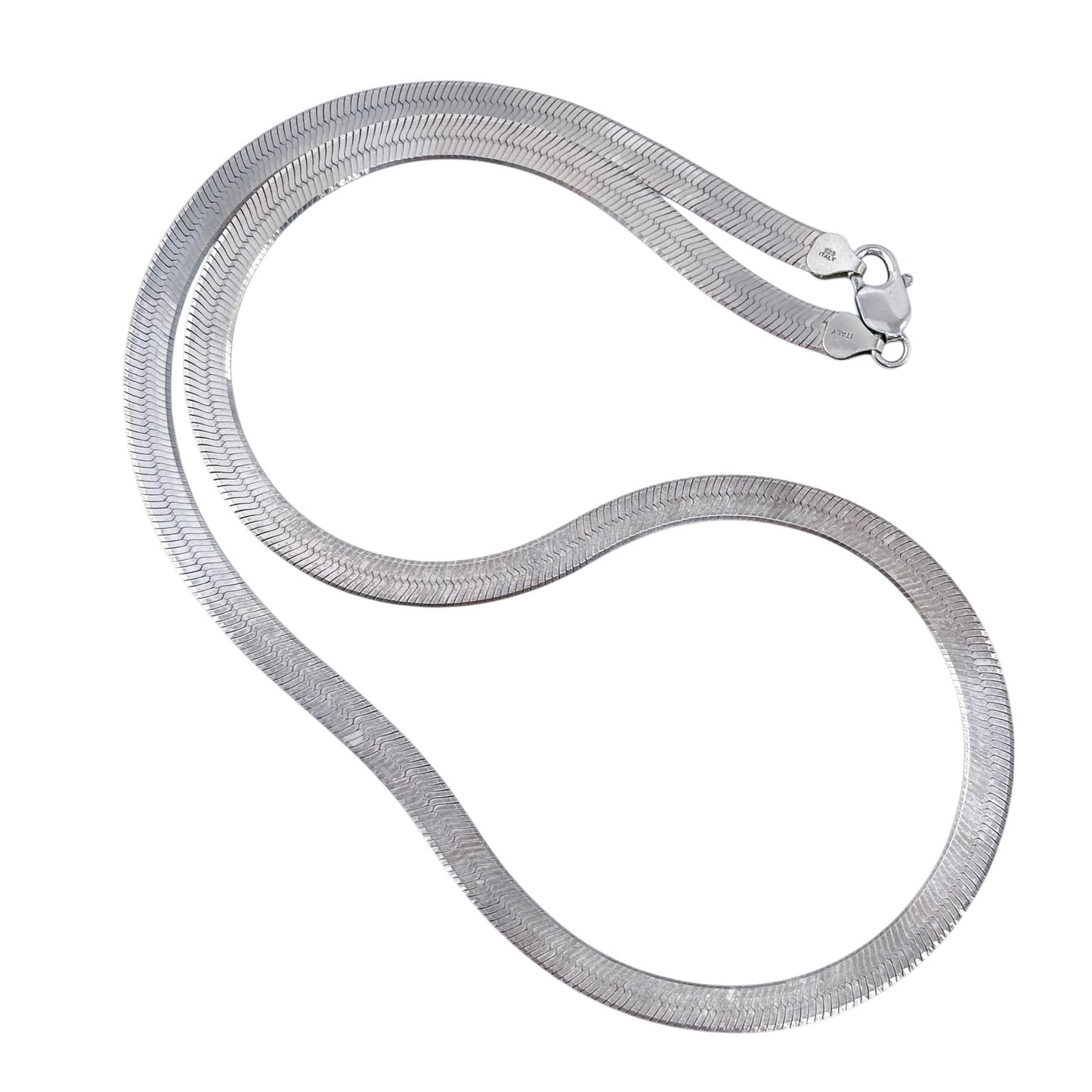 Silver snake chain necklace on a white background