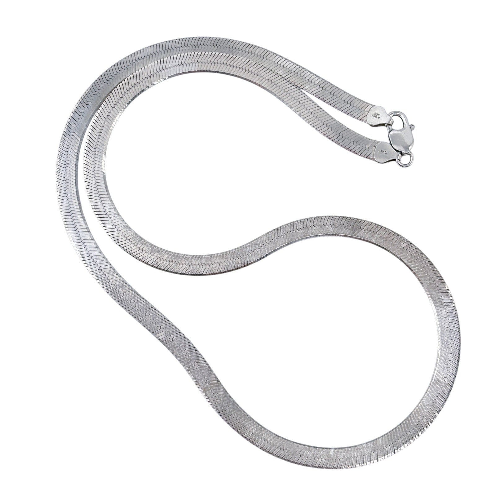 Silver snake chain necklace on a white background