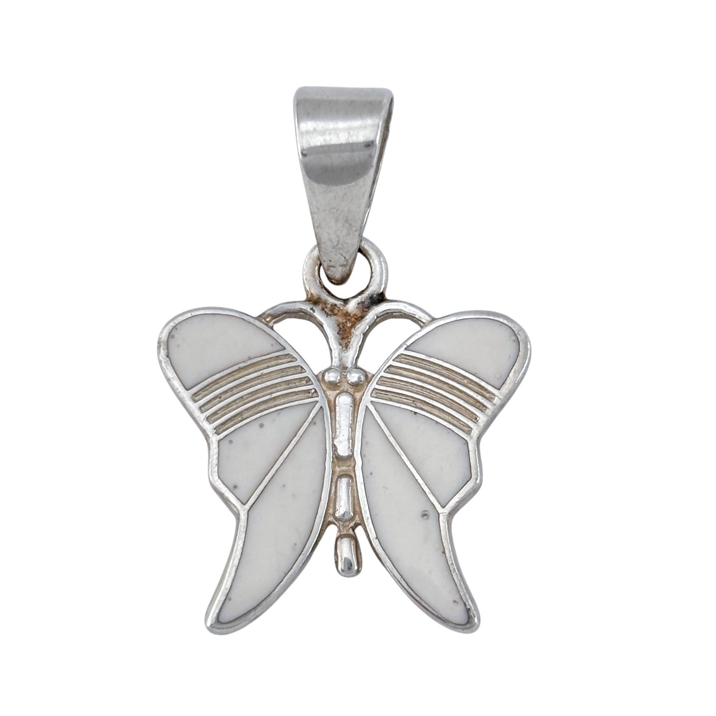 Vintage Mexico Taxco Sterling Silver 925 White Enamel Butterfly Pendant