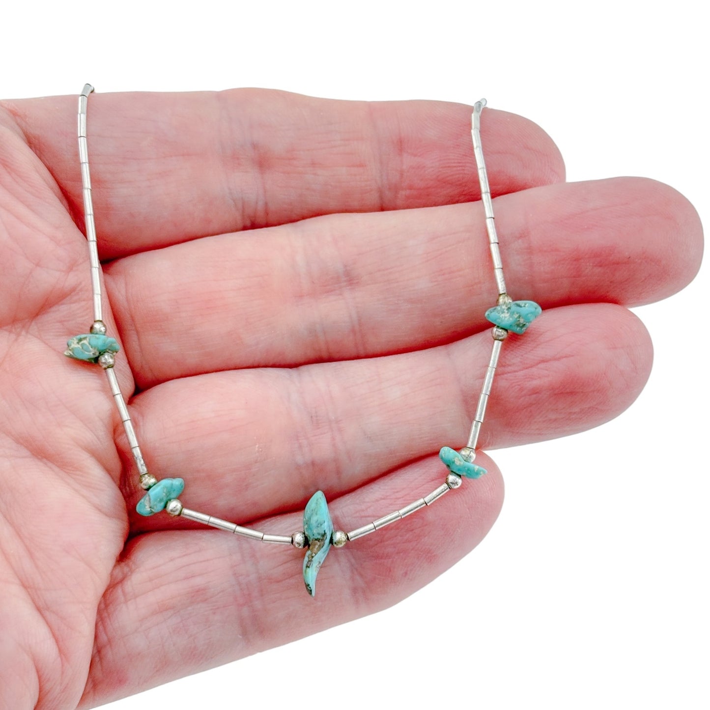 Vintage Sterling Silver Turquoise Liquid Silver Necklace 15"