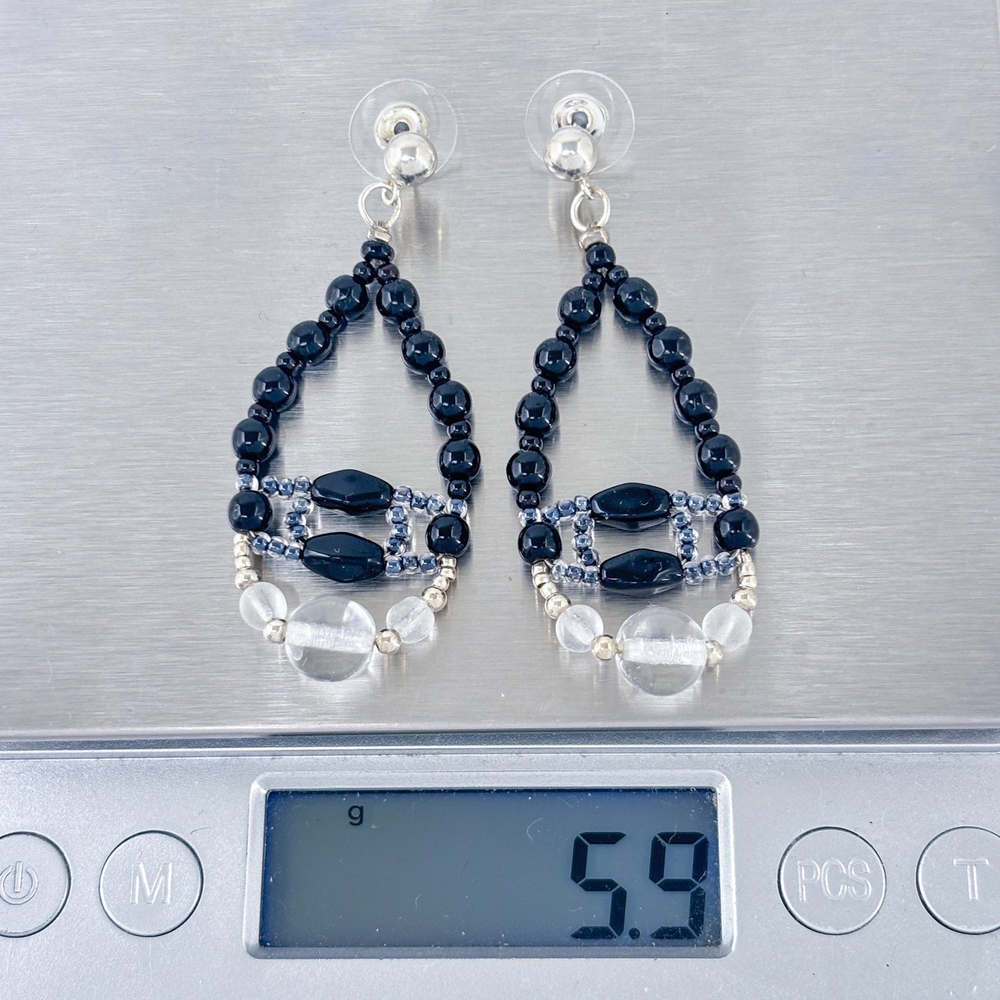 Vintage Sterling Silver 925 Black Bead Teardrop Chandelier Earrings