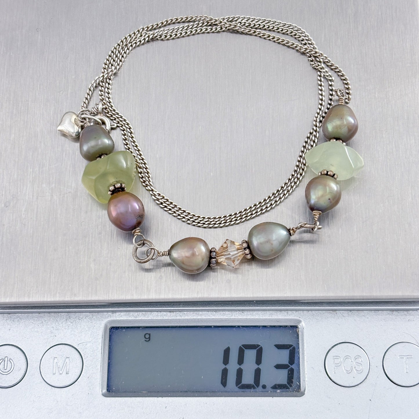 Vintage Sterling Silver Pearl Green Sea Glass Stone Long Necklace 21"