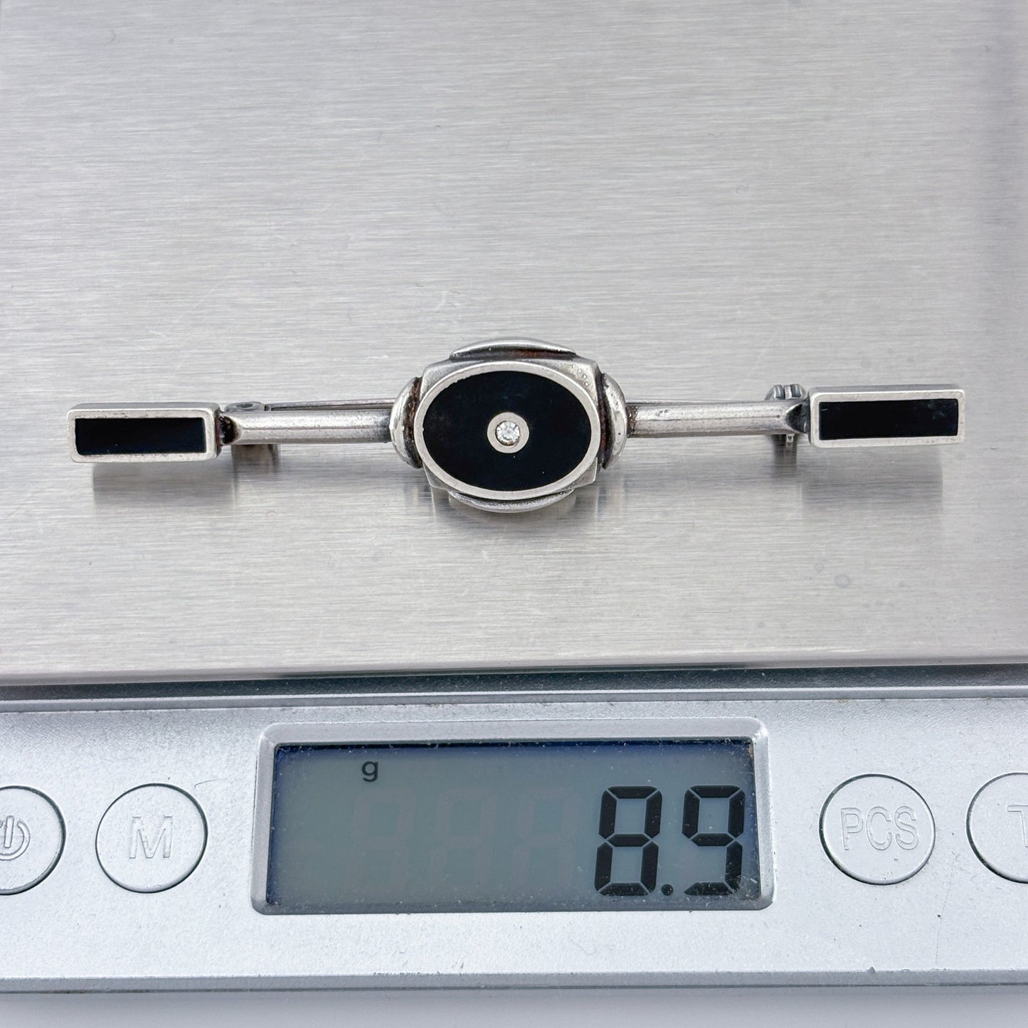Vintage Sterling Silver 925 Onyx Cubic Zirconia Bar Brooch