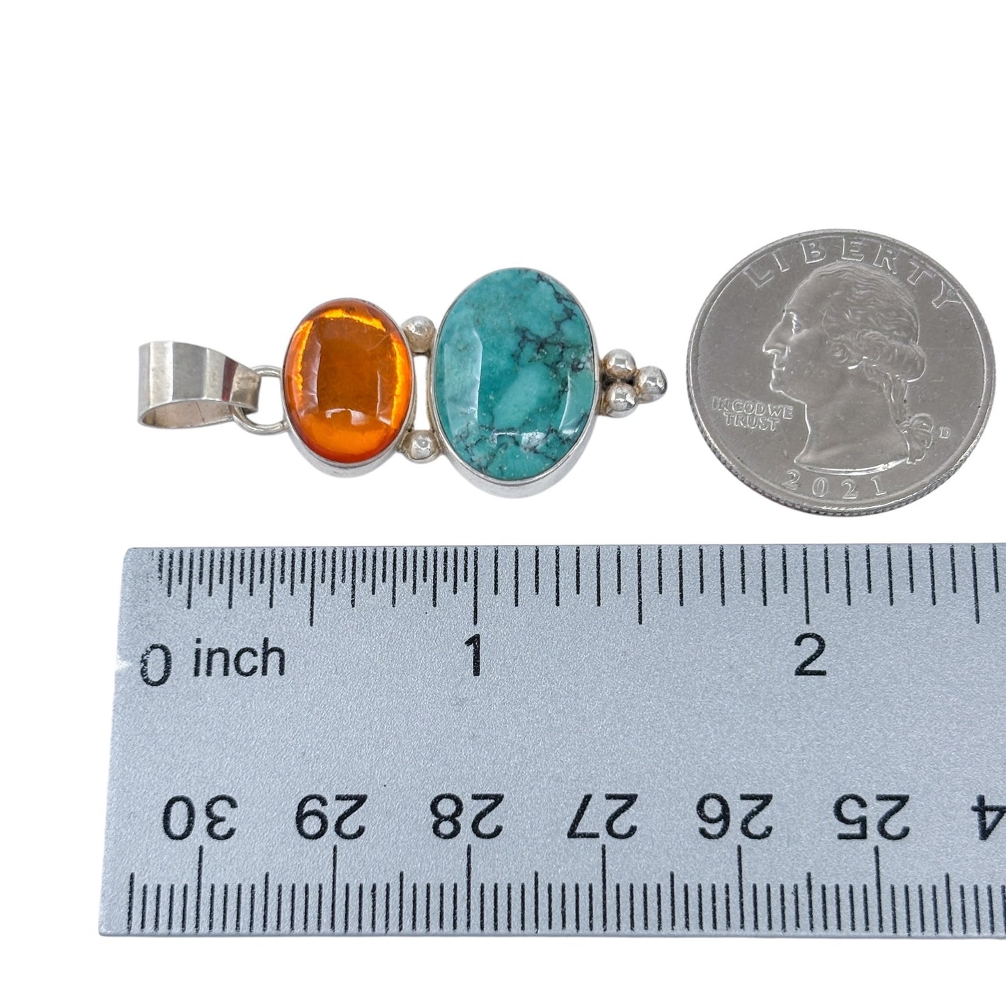 Estate Sterling Silver 925 Orange Glass & Turquoise Pendant