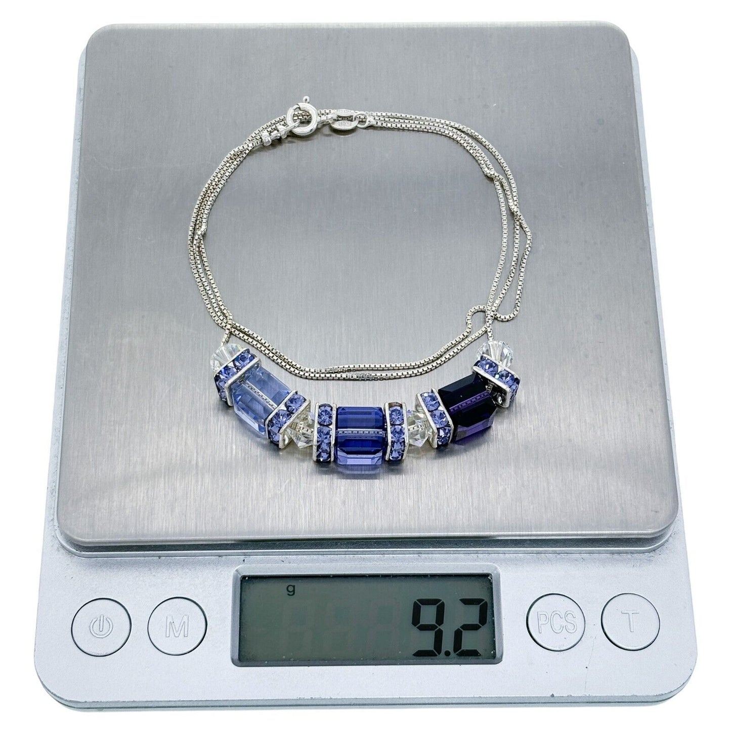 Vintage Italy Sterling Silver 925 Blue Crystal Cube Bead Necklace 22"