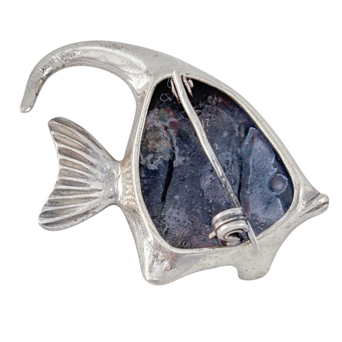 Vintage Sterling Silver 925 Enamel Fish Onyx Eye Brooch