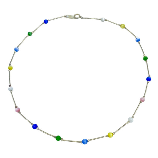 Vintage Sterling Silver 925 Multicolor Cat’s Eye Necklace 15.5"