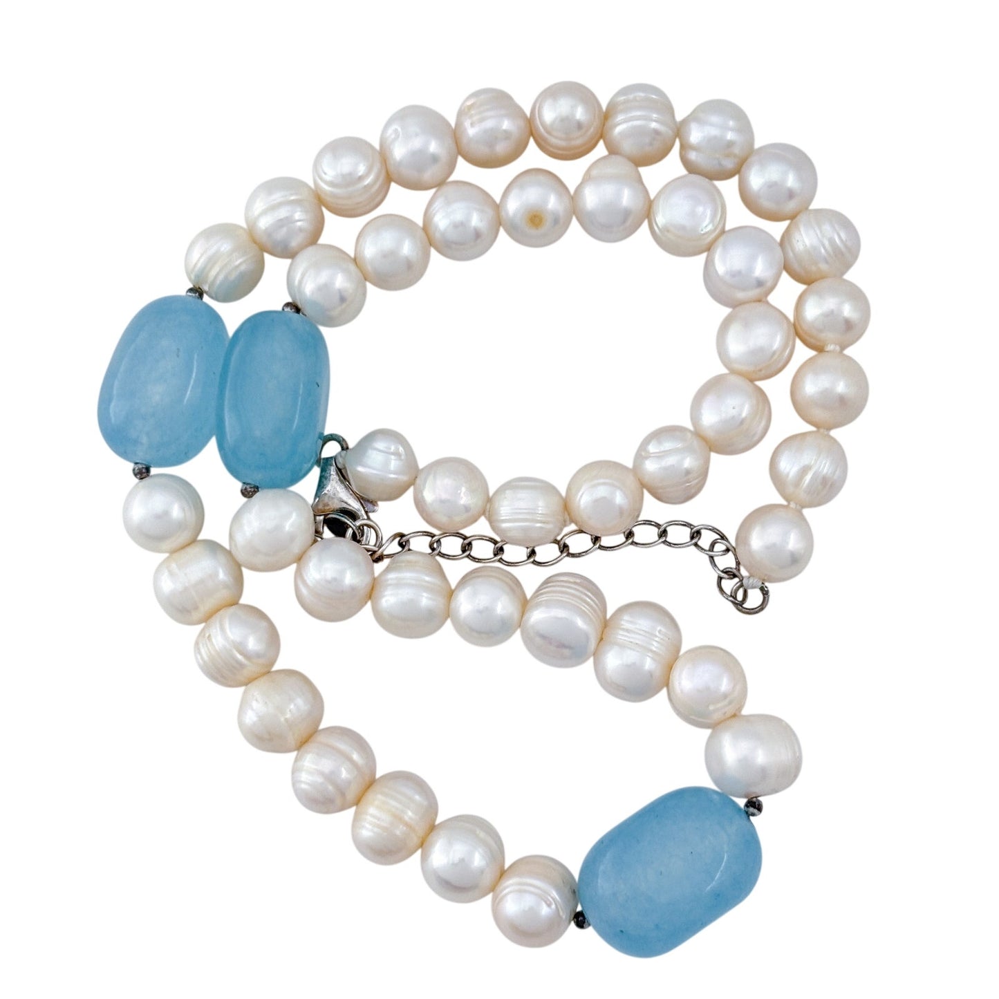 Vintage Sterling Silver 925 Pearl Milky Aquamarine Necklace 18"-20.5"