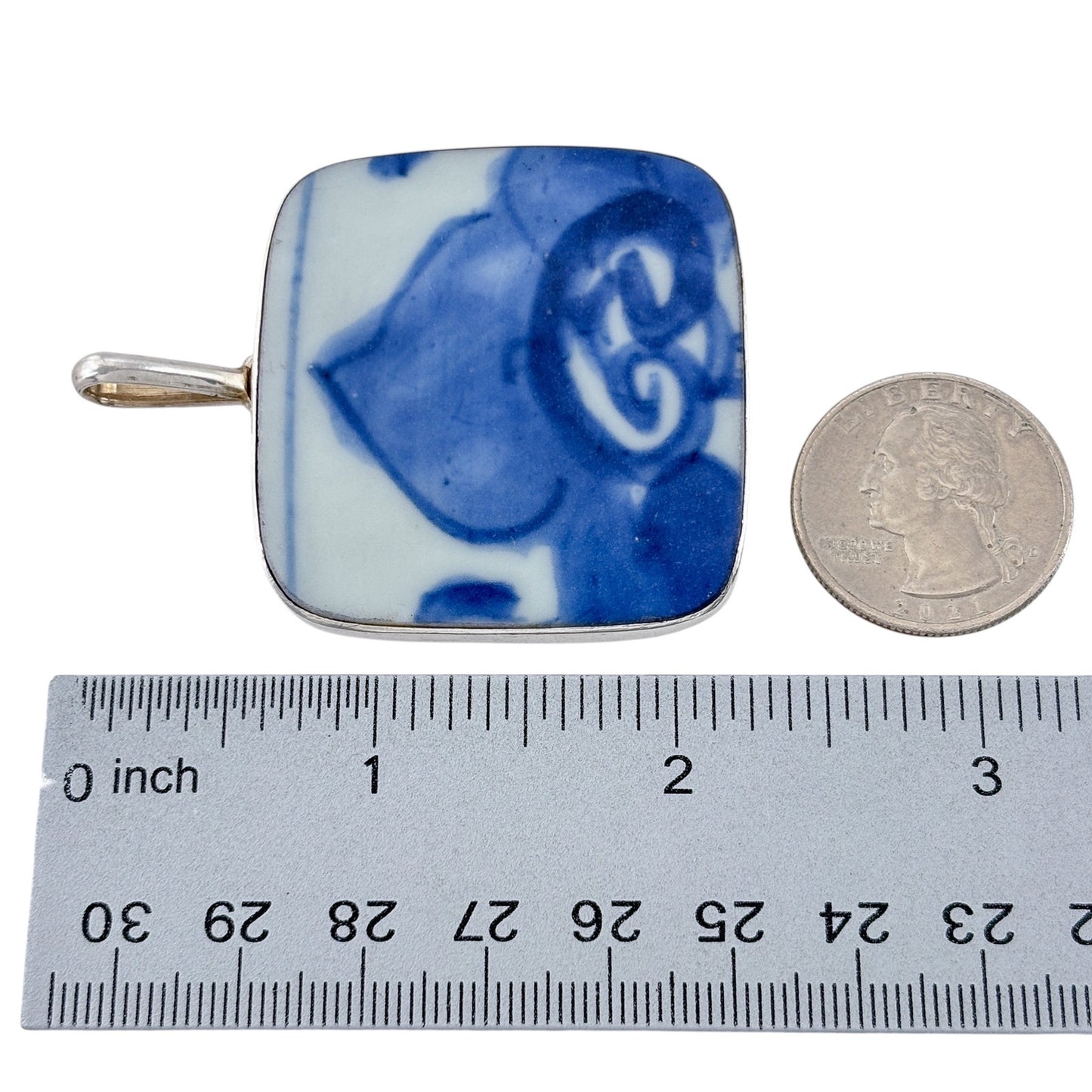 Vintage Sterling Silver 925 Square Porcelain Pendant