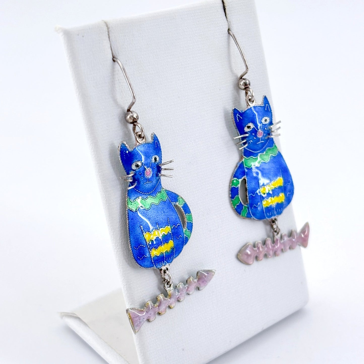 Vintage Sterling Silver 925 Blue Cat Earrings