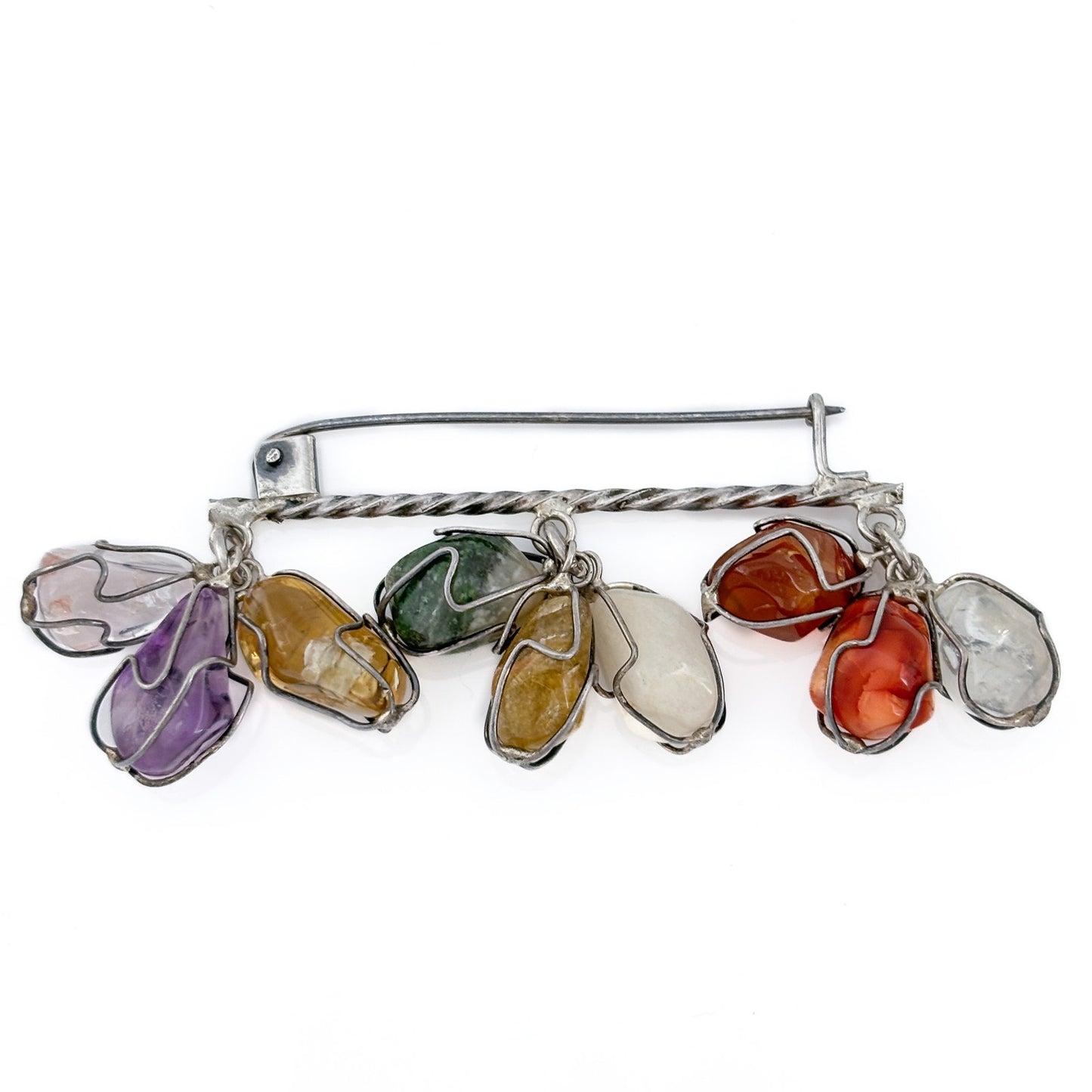 Vintage Sterling Silver 925 Multi Gemstone Bar Brooch