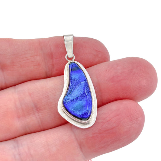 Vintage Sterling Silver 925 Blue Dichroic Glass Pendant