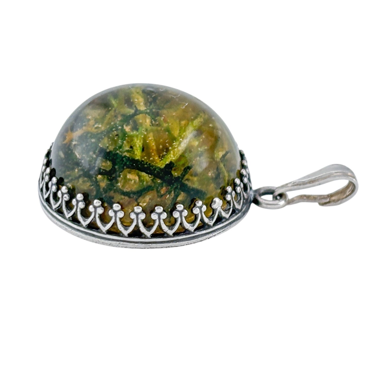 Vintage Sterling Silver 925 Moss Resin Pendant