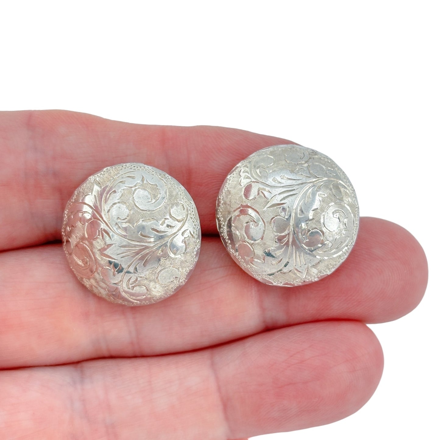 Vintage Sterling Silver 925 Floral Etched Clip On Earrings