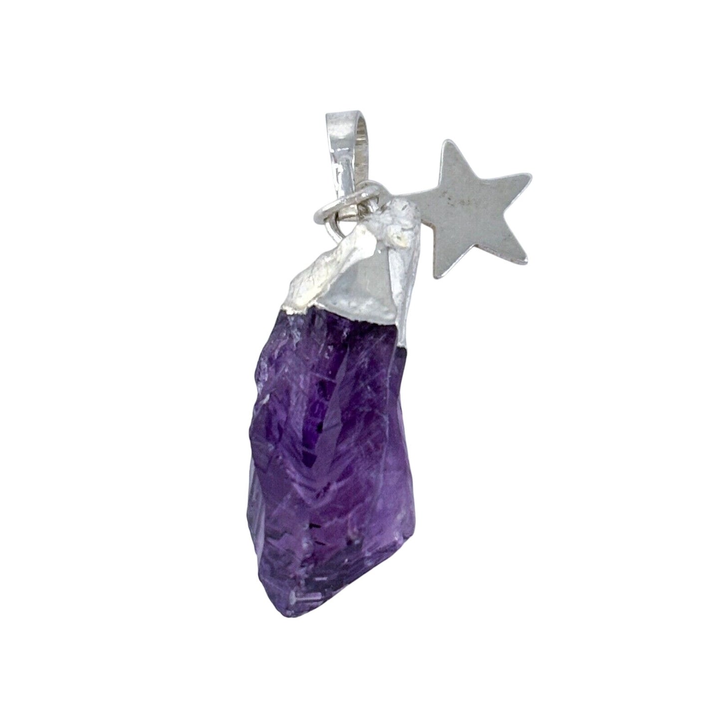 Vintage Silver-Tone Star Charm Amethyst Raw Crystal Pendant