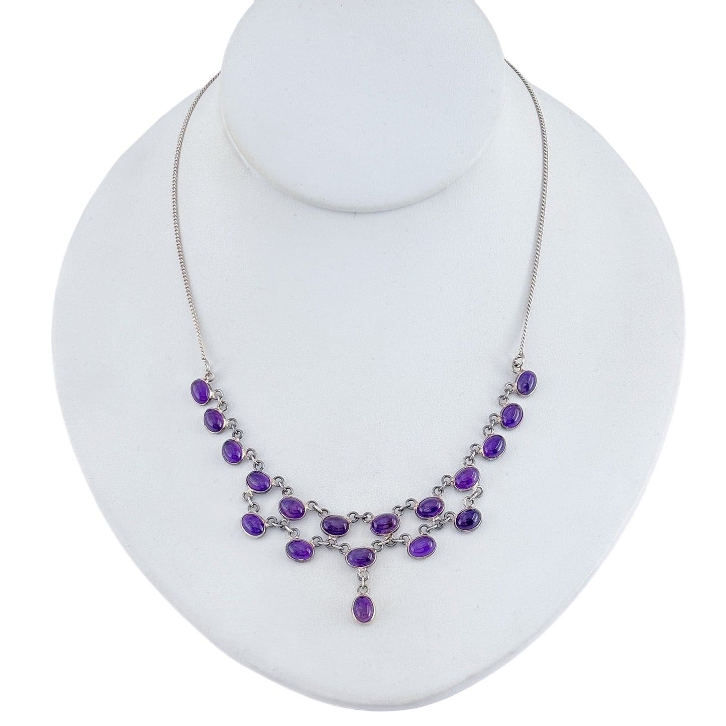 Vintage Sterling Silver 925 Amethyst Layered Bib Necklace Pendant 17"