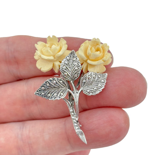 Vintage Sterling Silver 925 Marcasite Carved Rose Brooch