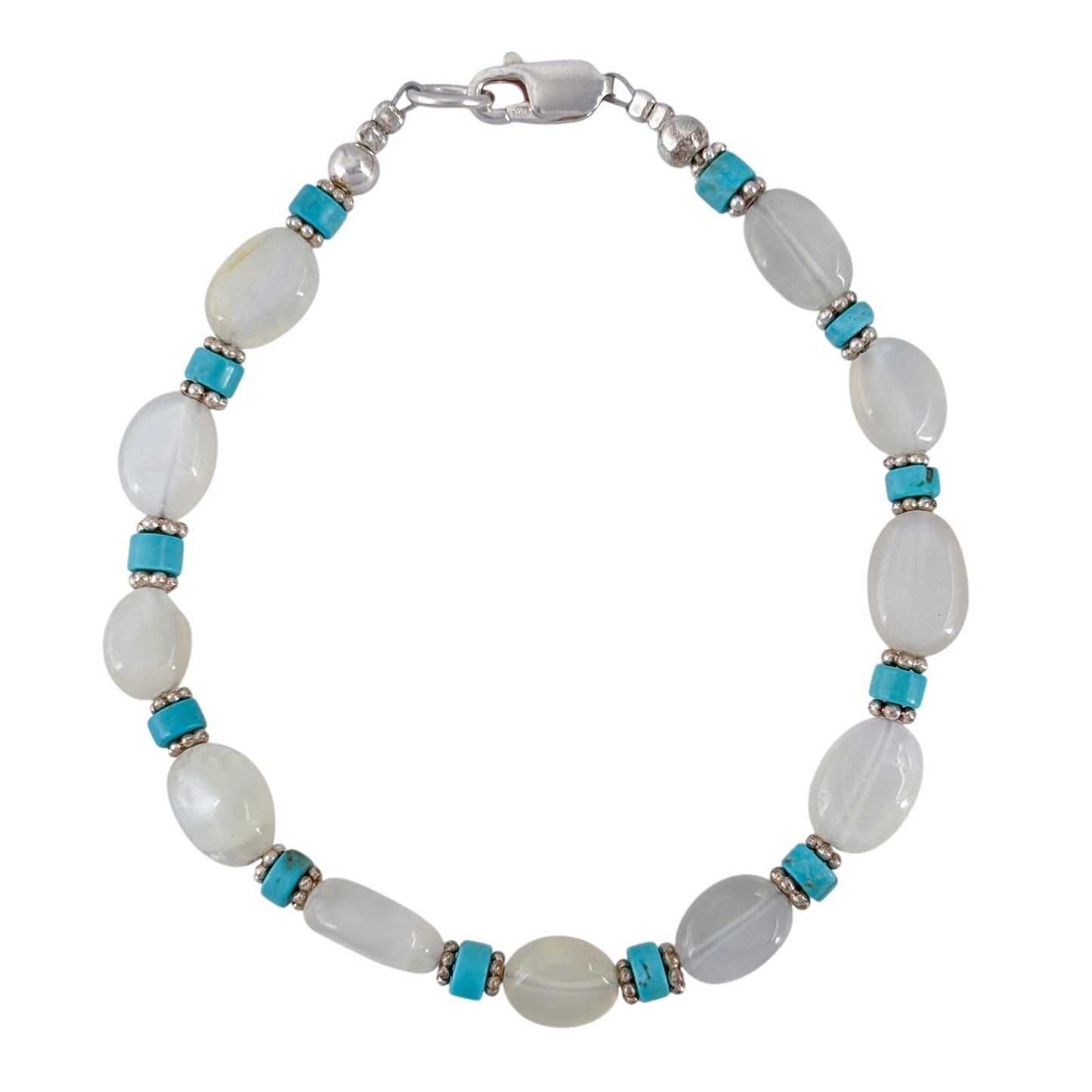 Vintage Sterling Silver 925 Moonstone Turquoise Beaded Bracelet 7.5"