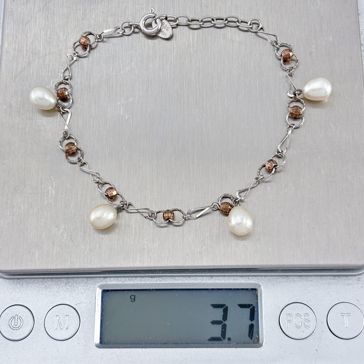 Vintage Sterling Silver 925 Pearl Charm Bracelet 6.5"-7.5"