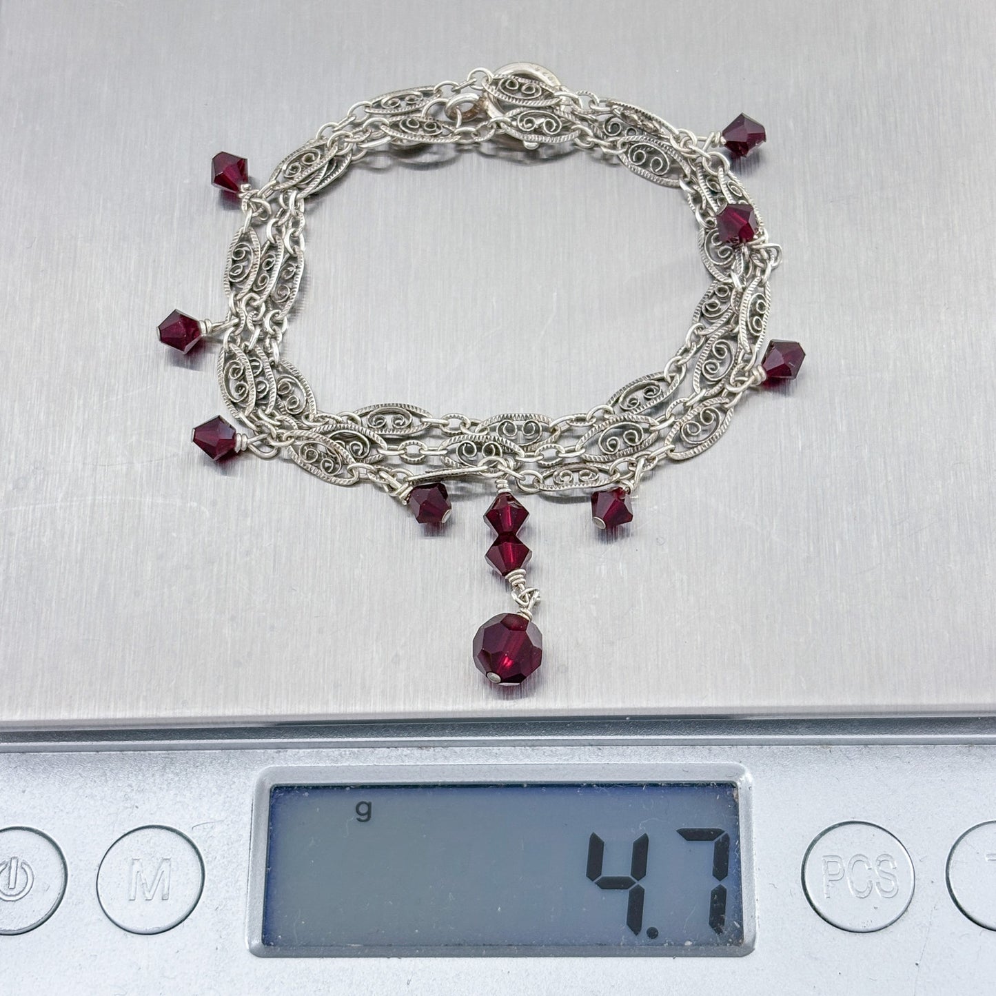 Vintage Sterling Silver 925 Red Crystal Drop Necklace 16.5"