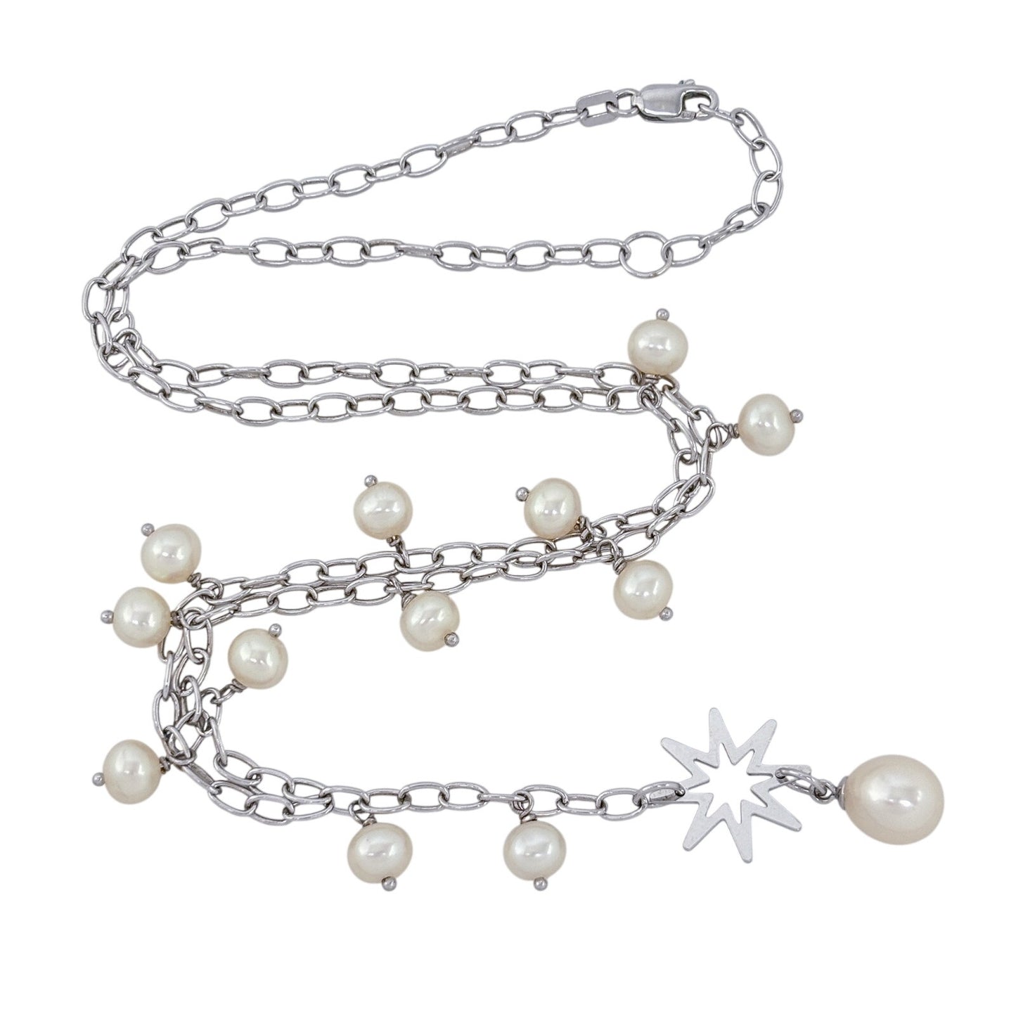 Vintage Sterling Silver 925 Pearl Star Lariat Necklace 16.5"-17.5"