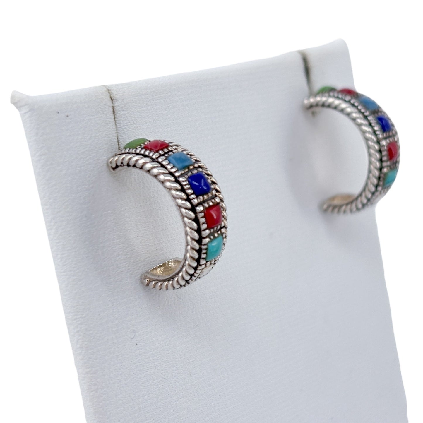 Estate Sterling Silver 925 Multi Gemstone Hoop Earrings