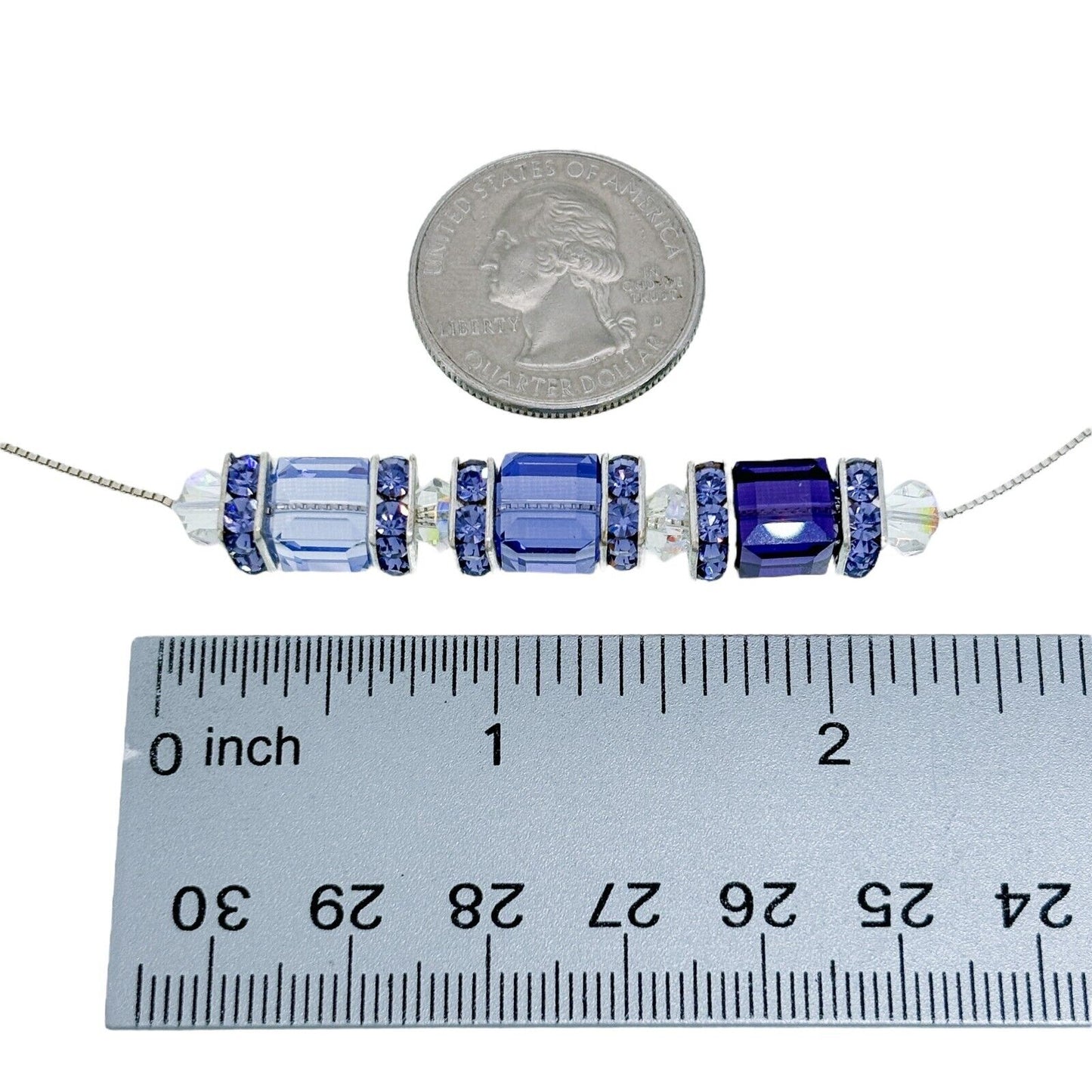 Vintage Italy Sterling Silver 925 Blue Crystal Cube Bead Necklace 22"
