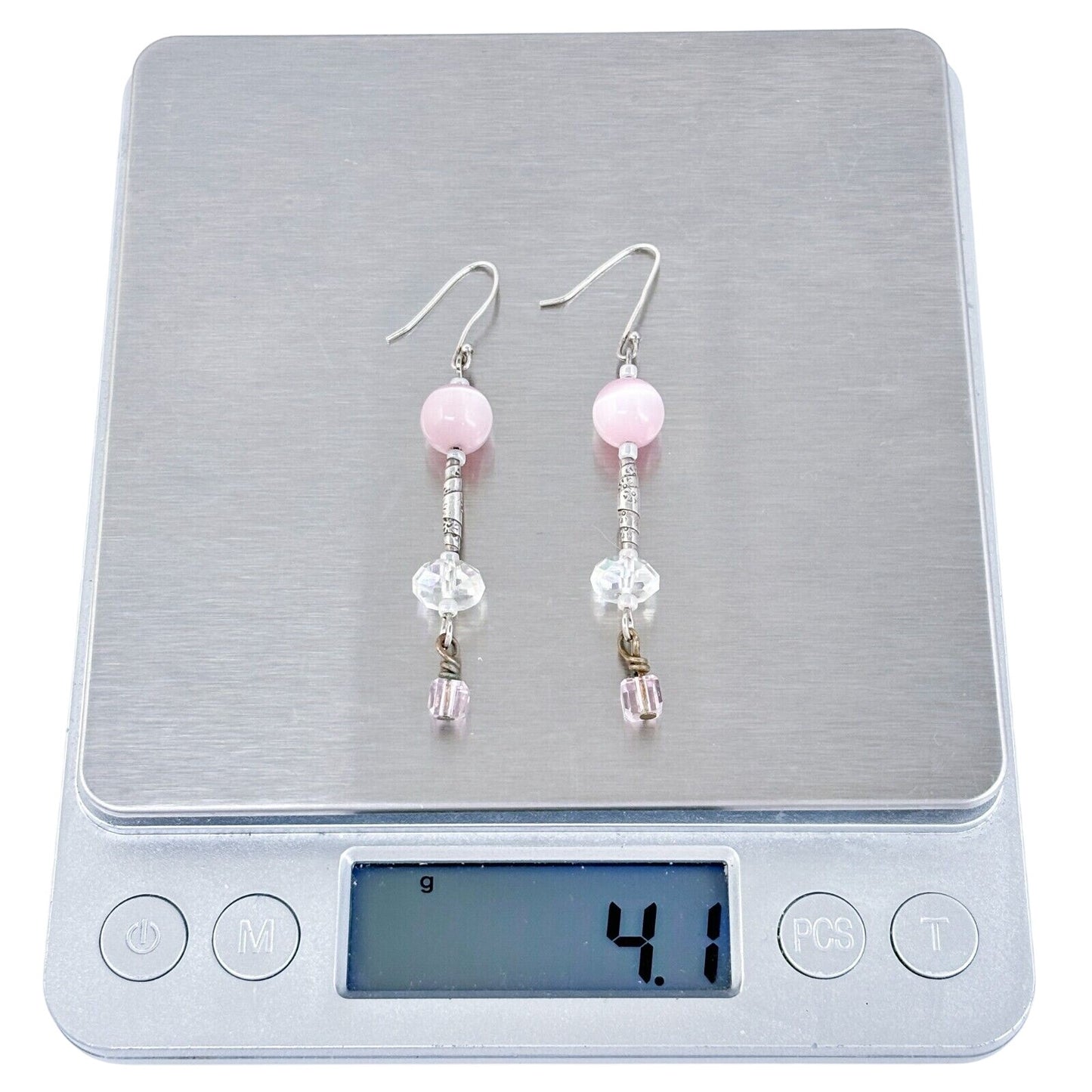 Vintage Silver-Tone Pink Beaded Dangle Earrings