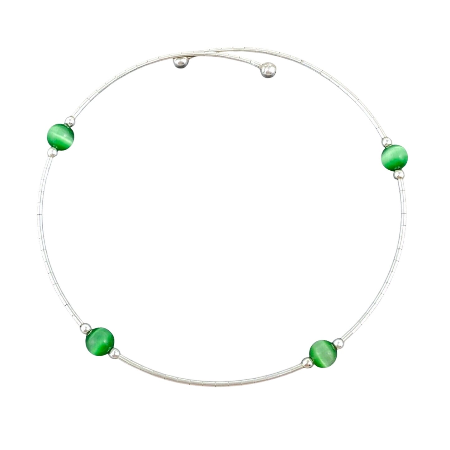 Vintage Sterling Silver 925 Green Cat’s Eye Memory Wire Bracelet 7.5"