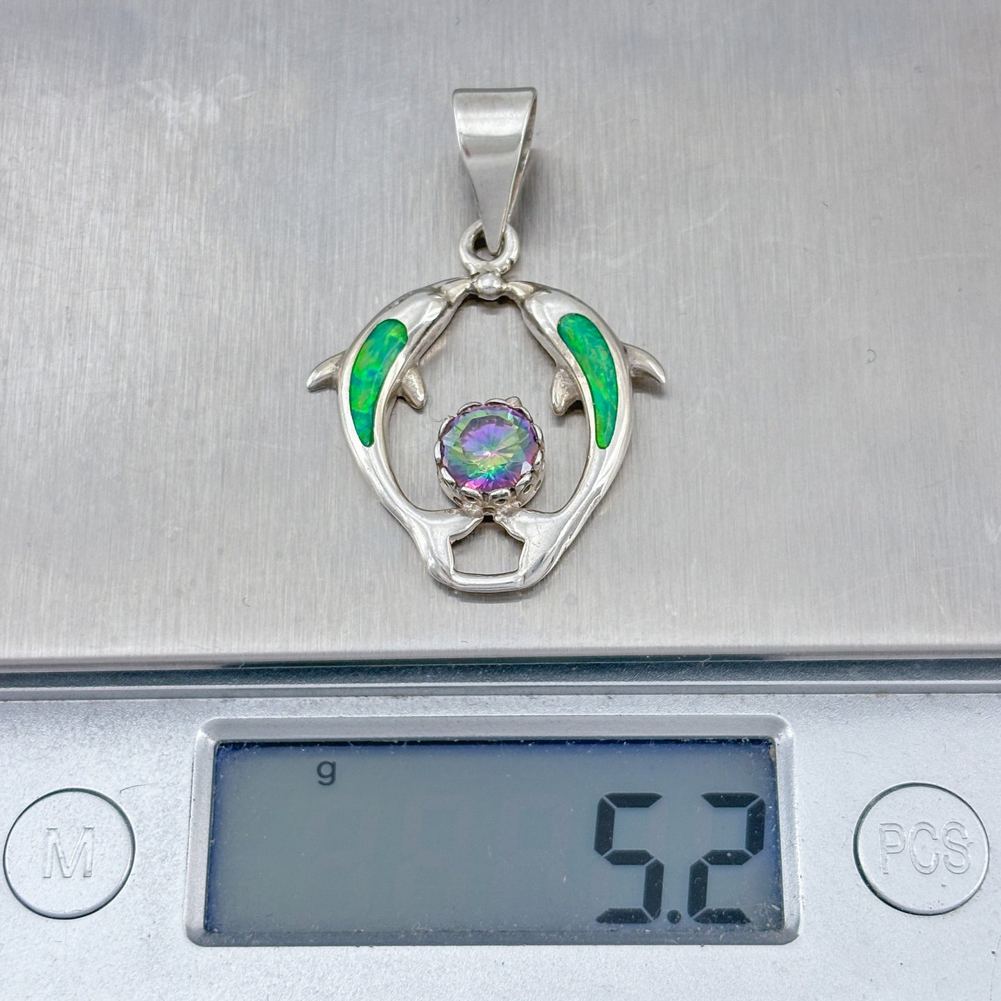 Vintage Sterling Silver 925 Green Opal Mystic Cubic Zirconia Dolphin Pendant