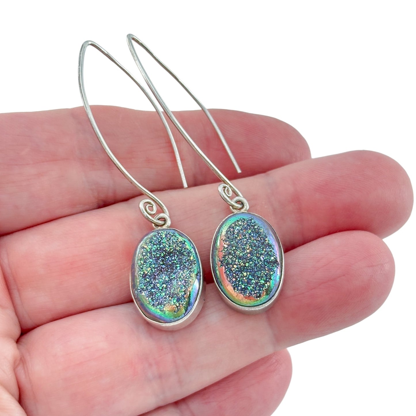Vintage Sterling Silver 925 Blue Green Druzy Oval Earrings