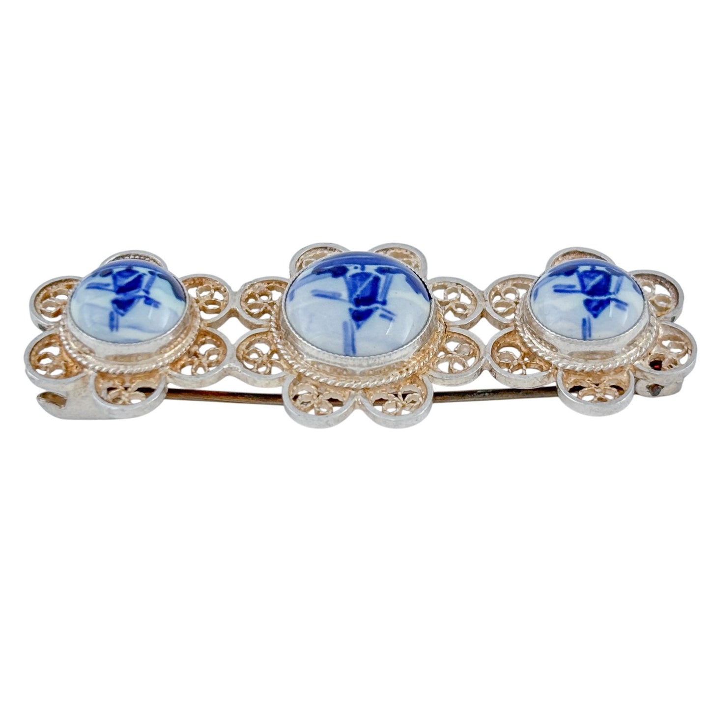Vintage Sterling Silver 925 Delft 3 Panel Brooch
