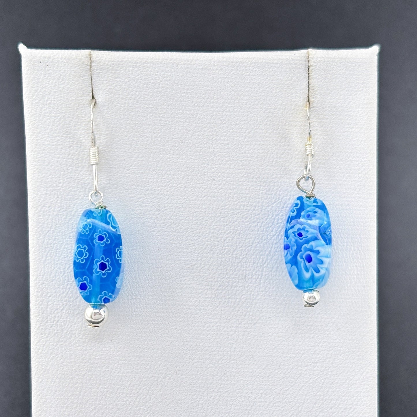 Estate Sterling Silver 925 Blue Millefiori Glass Bead Earrings