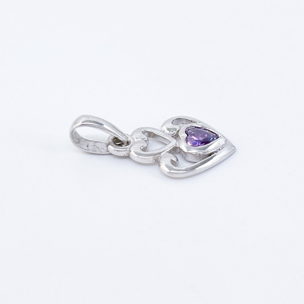Vintage Sterling Silver 925 Double Heart Purple Cubic Zirconia Pendant