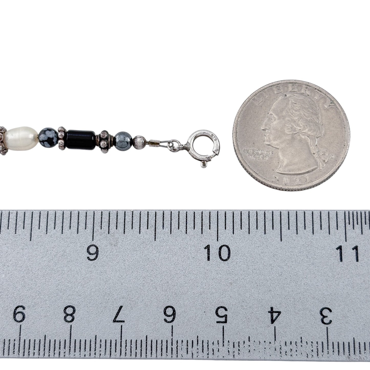 Vintage Sterling Silver 925 Snowflake Obsidian Pearl Anklet 10"