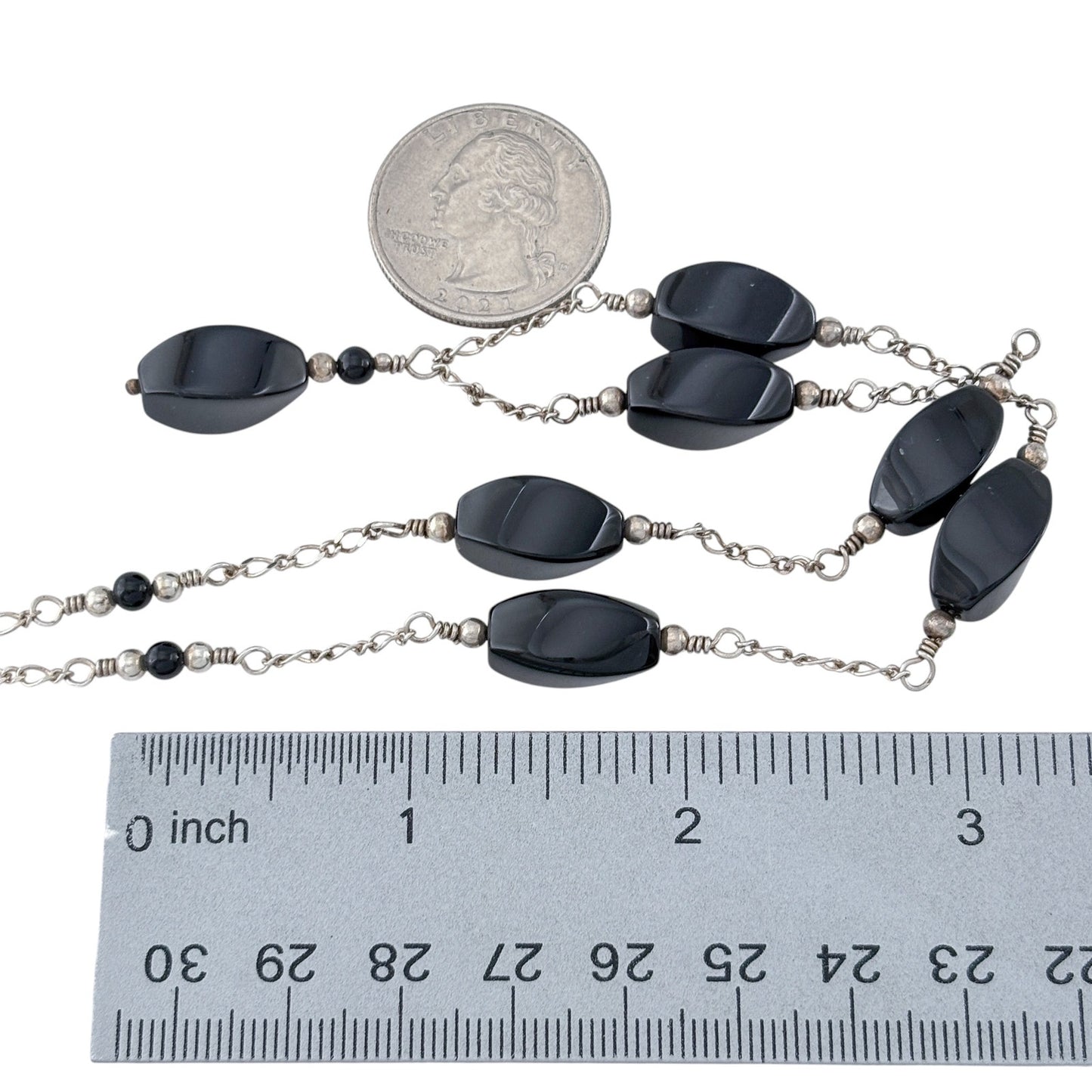 Vintage Sterling Silver Black Onyx Bead Necklace 18"