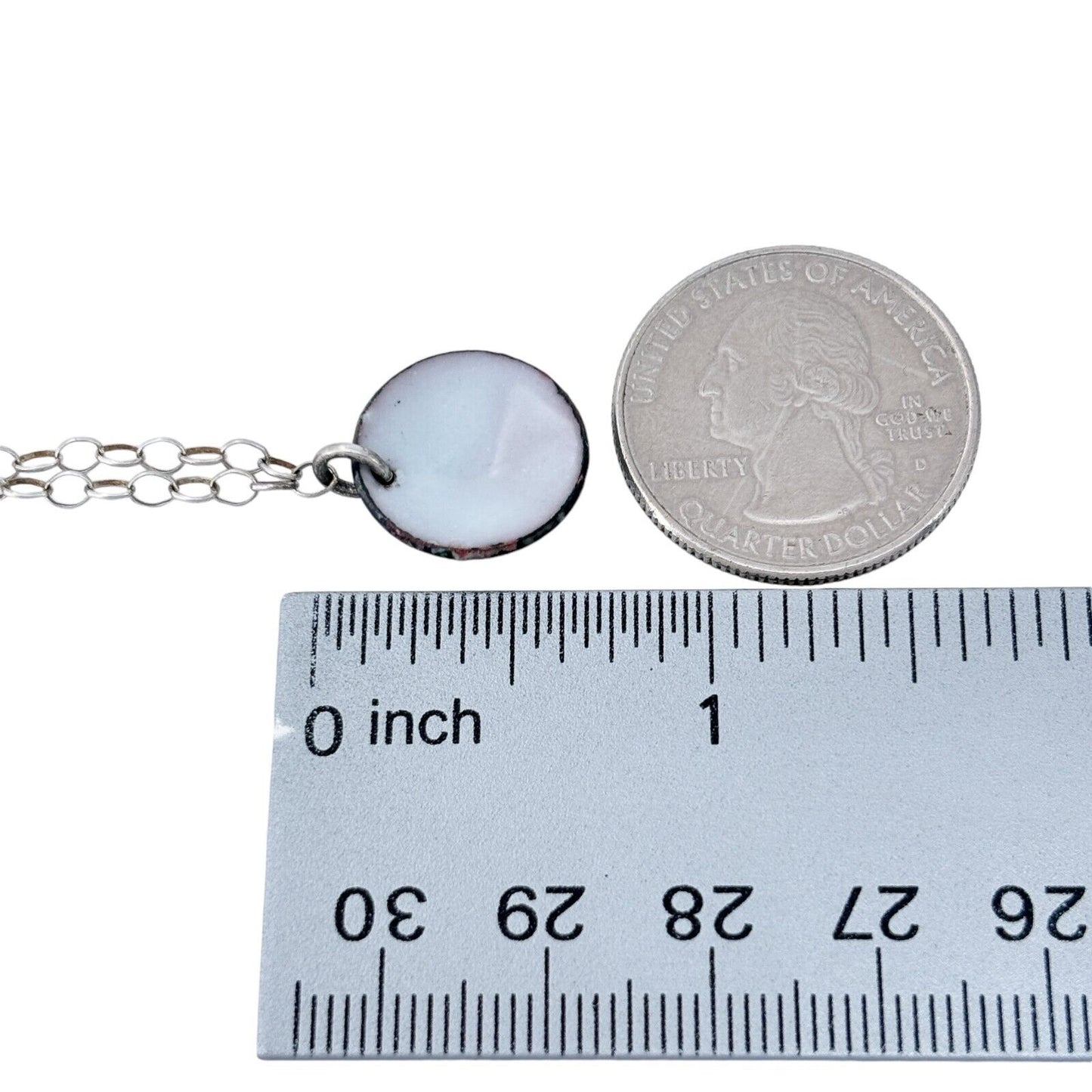 Vintage Silver-Tone Chain Necklace with White Enamel Disk Pendant 16.75"