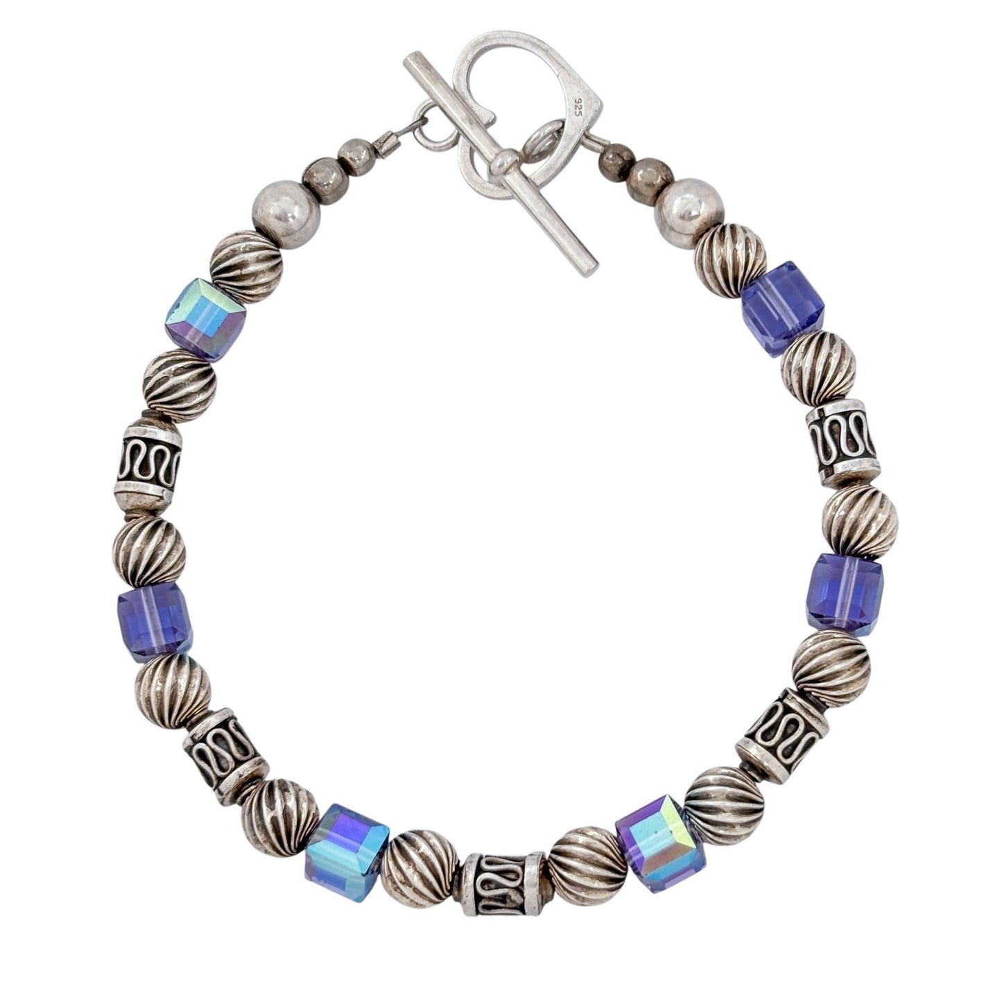 Vintage Sterling Silver 925 Iridescent Crystal Beaded Bracelet 7.5"