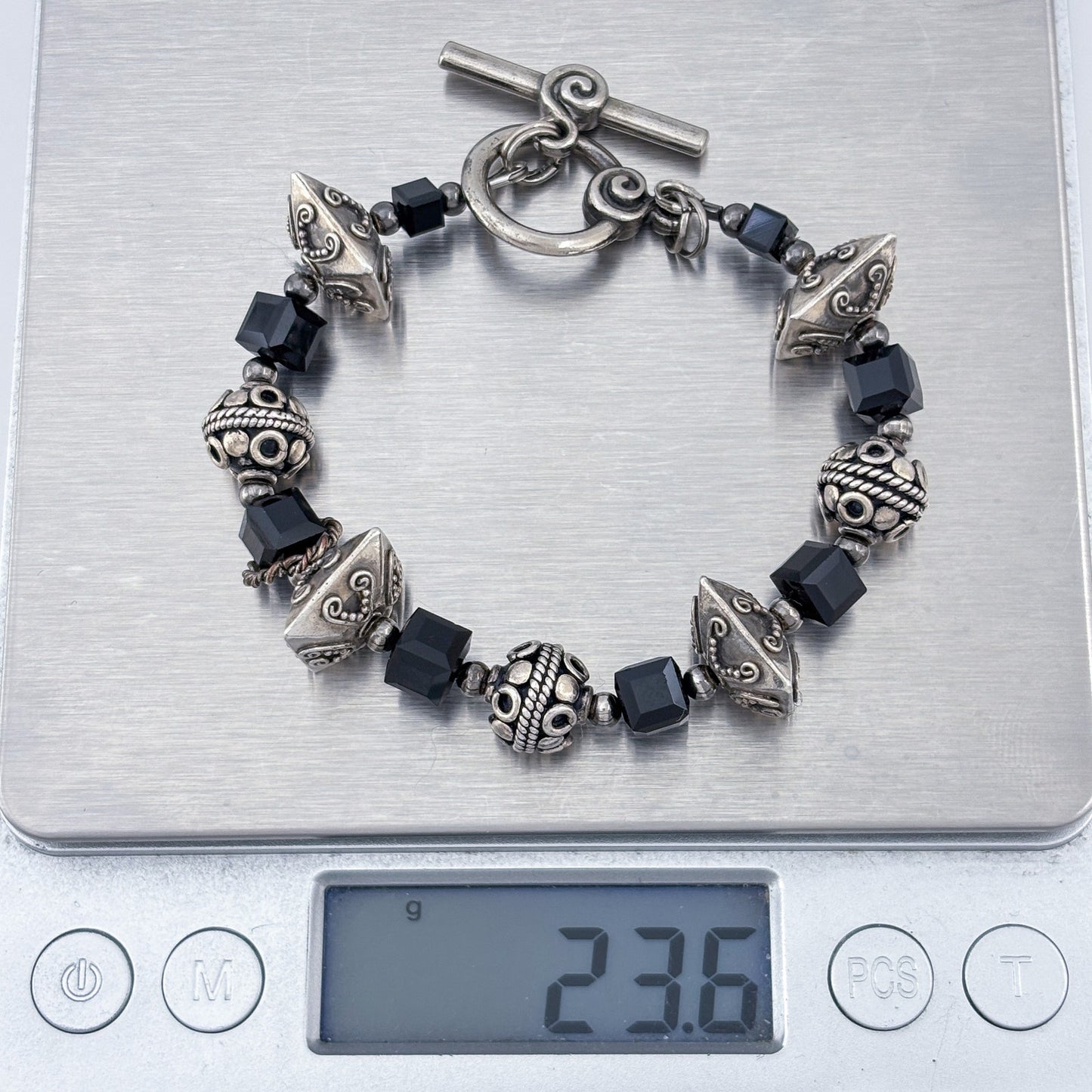 Vintage Sterling Silver 925 Black Bead Bracelet 7"