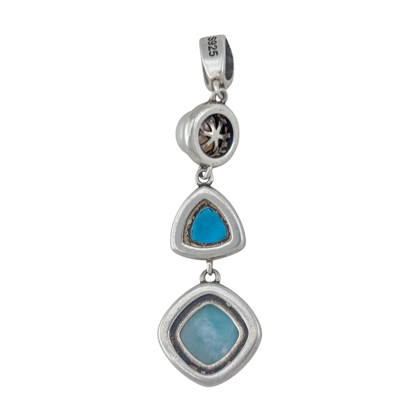 Vintage Sterling Silver 925 Pearl Larimar Cubic Zirconia Pendant