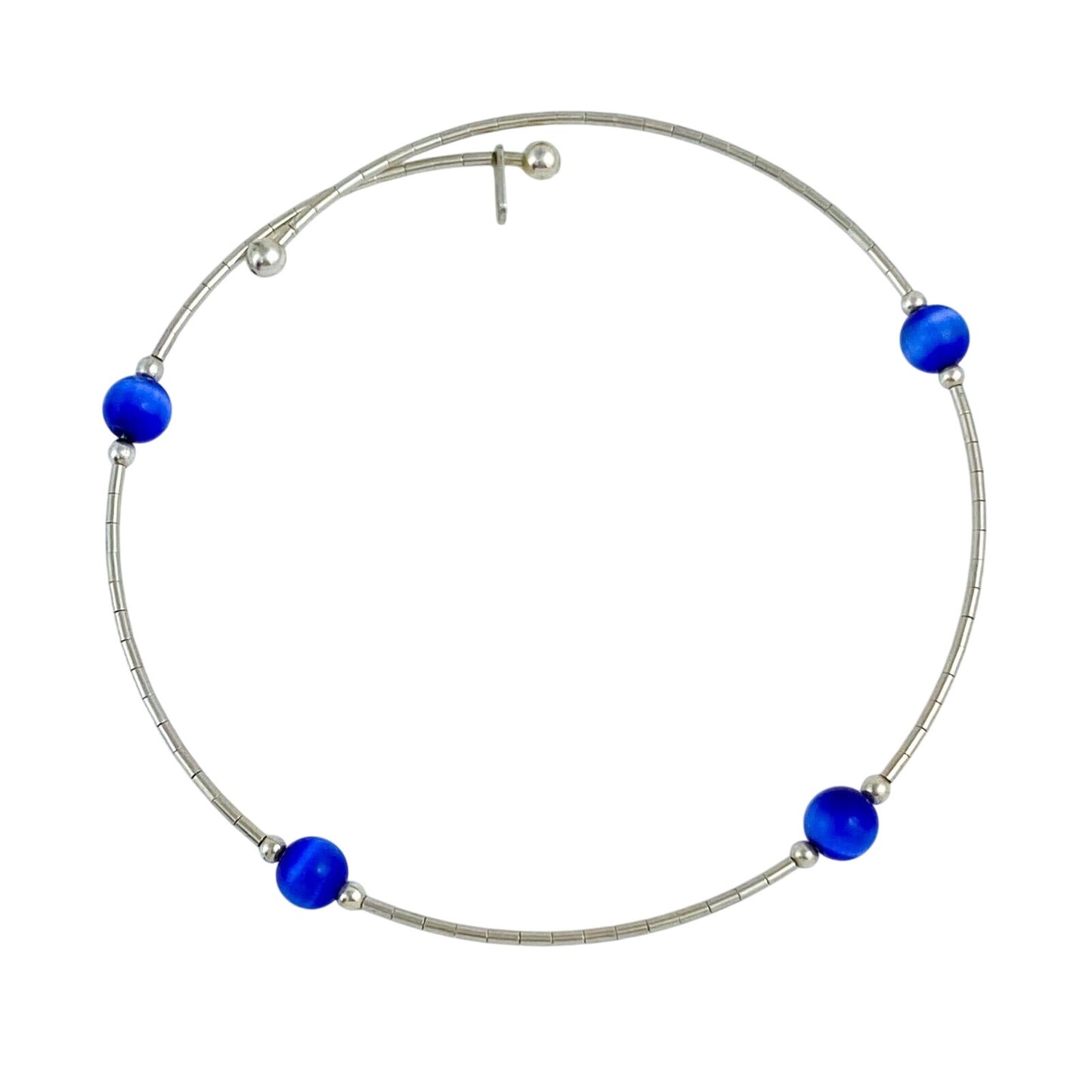 Vintage Sterling Silver 925 Blue Cat’s Eye Memory Wire Bracelet 7.5"