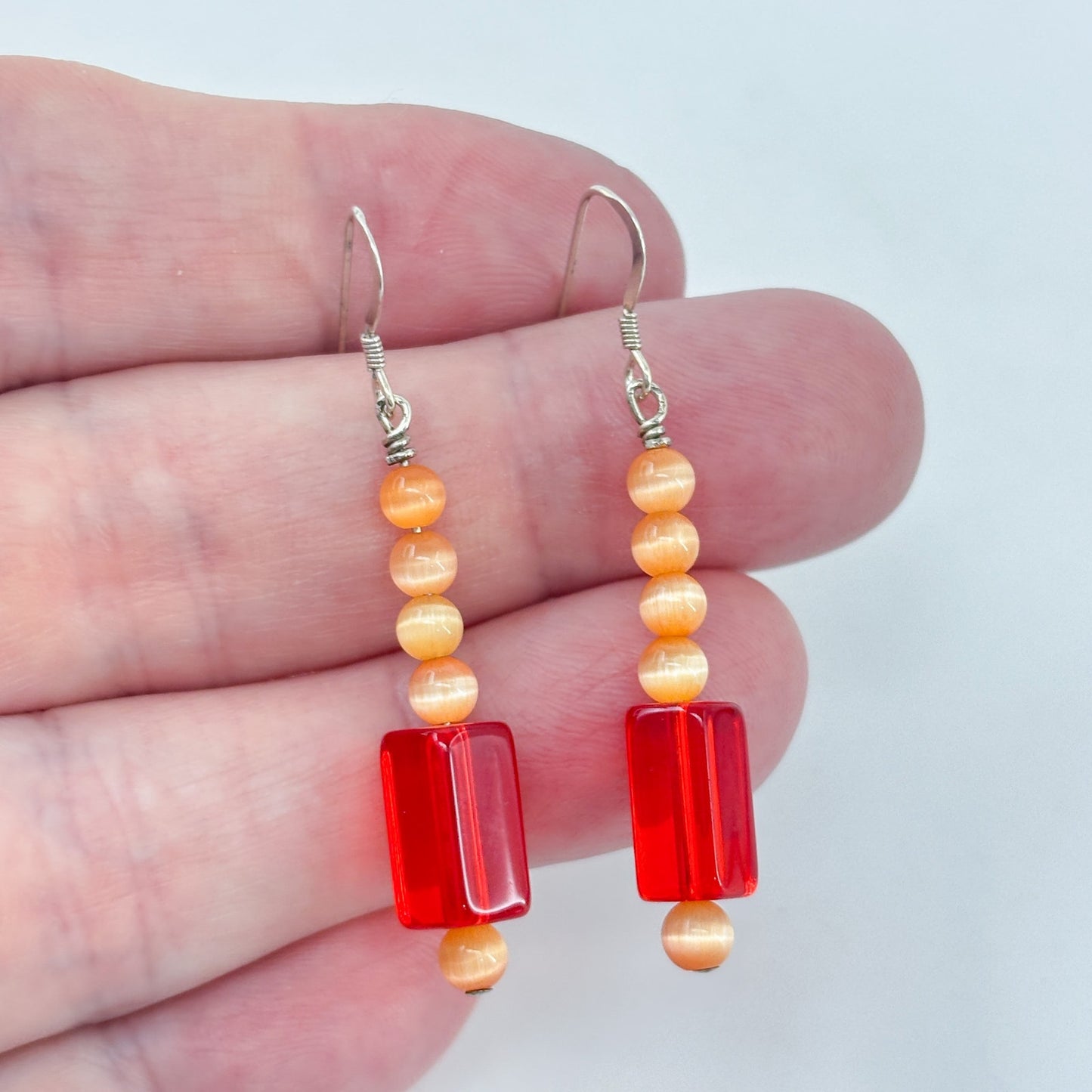 Vintage Sterling Silver 925 Red Glass Bead Drop Earrings