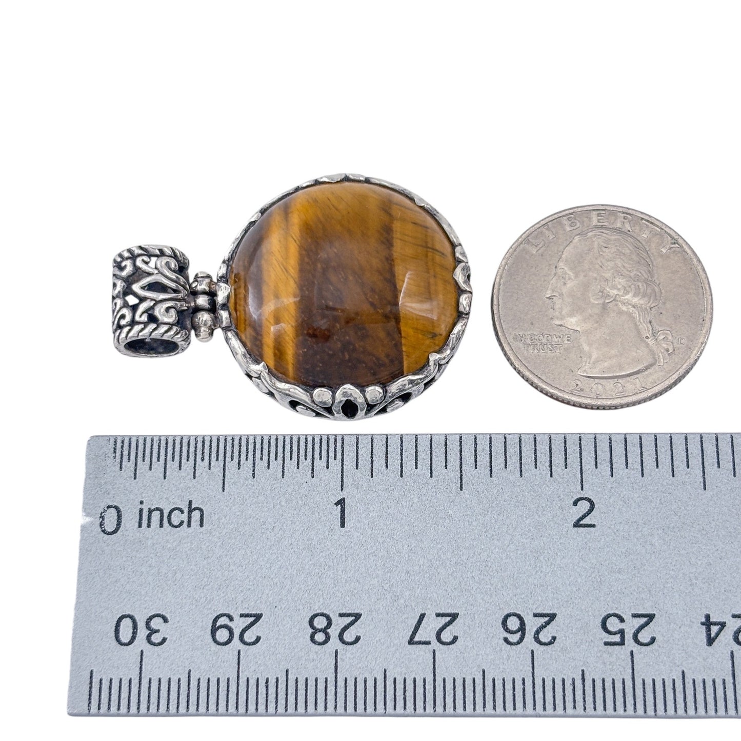 Vintage Sterling Silver 925 Scrollwork Tiger Eye Pendant